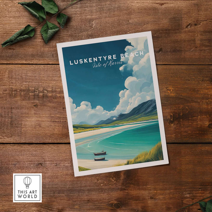 Luskentyre Beach poster showcasing Isle of Harris with vivid coastal landscape and serene waters, perfect for beach lovers.