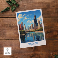 Chicago wall art print showcasing a vibrant city skyline and reflection on water, perfect for home decor.