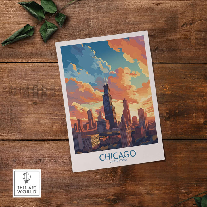 Chicago travel poster featuring a stunning sunset over the city skyline, perfect for home decor and memorabilia.