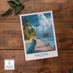 Maldives Wall Art Print - Beach showcasing a serene beach scene with a wooden dock and tropical landscape.