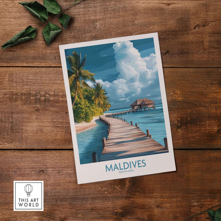 Maldives Wall Art Print - Beach showcasing a serene beach scene with a wooden pier and tropical palm trees.