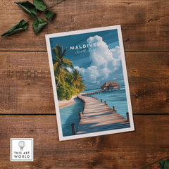 Maldives Travel Print - Beach Scene showcasing a serene pier surrounded by palm trees and clear blue waters.