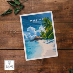 Maldives Print - Tropical Beach showcasing a serene beach scene with palm trees and clouds.