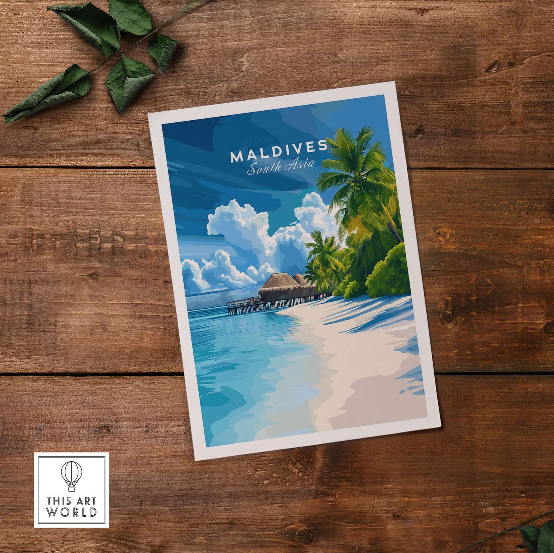 Maldives Print - Tropical Beach showcasing a serene beach scene with palm trees and clouds.