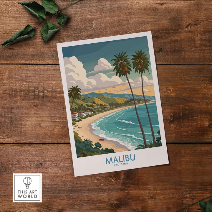 Malibu California beach poster featuring palm trees and coastal views on wooden background.