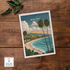 Malibu California Print - Beach Wall Art featuring palm trees and ocean waves in a vibrant coastal scene.