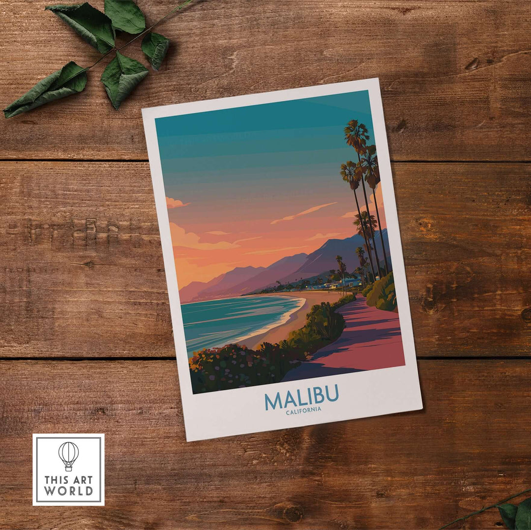 Malibu poster showcasing a vibrant California beach sunset with palm trees and coastal views.