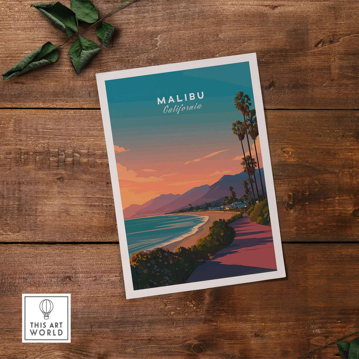 Malibu California Beach sunset print showcasing palm trees and coastal views on a wooden background.