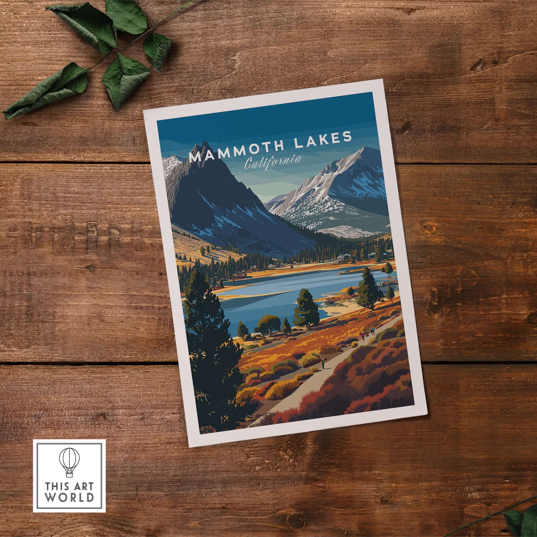 Mammoth Lakes California Mountain Trail Print - Sierra Nevada Landscape Poster showcased on wooden surface.