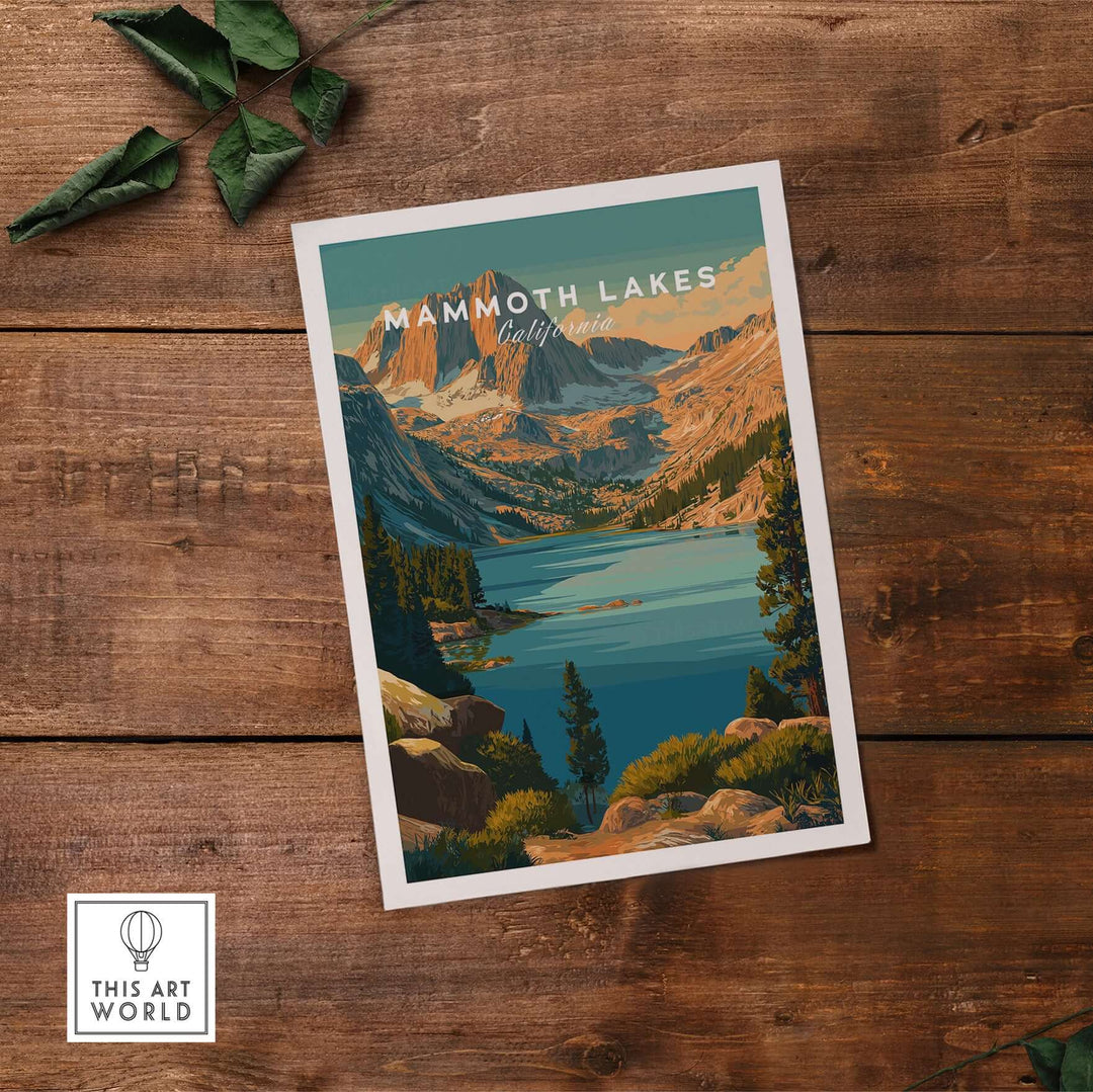 Mammoth Lakes California poster showcasing rugged mountains and serene lake, perfect for nature-inspired wall art.