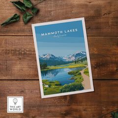 Mammoth Lakes California Scenic Print - Serene Mountain Landscape Poster on rustic wood background.
