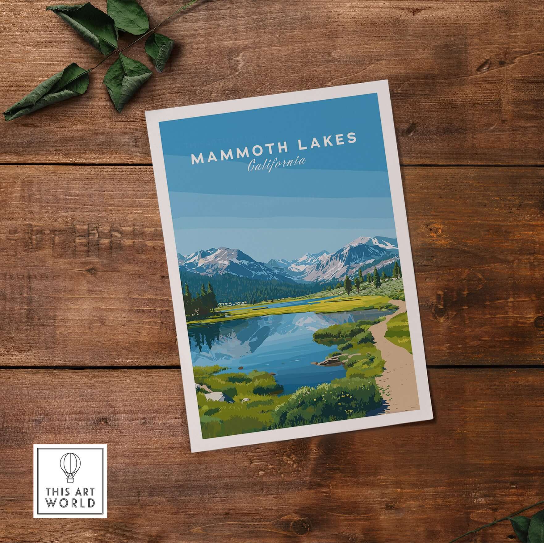 Mammoth Lakes California Scenic Print - Serene Mountain Landscape Poster on rustic wood background.