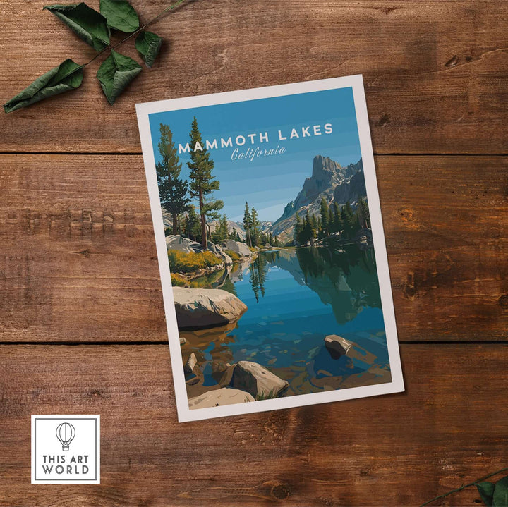 Mammoth Lakes California poster featuring mountains and lake, perfect for nature lovers and adding beauty to any space.