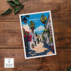 Marbella Travel Print showcasing a vibrant street scene in Marbella, Spain with floral decorations.