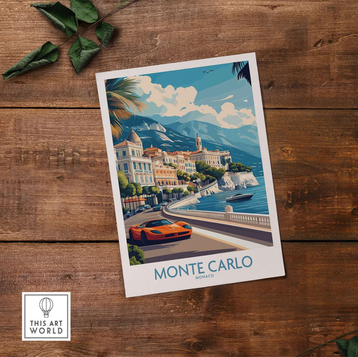 Monte Carlo wall art poster featuring luxury cars and Mediterranean coastline, ideal for home décor.