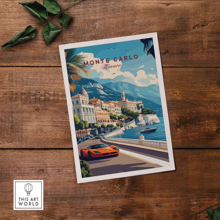 Monte Carlo print showcasing Monaco's luxury coastline with a sports car, perfect for travel enthusiasts.