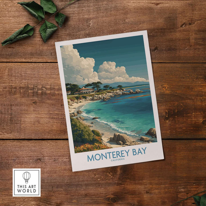 Monterey Bay California travel poster featuring ocean views and marine life, perfect for coastal decor.