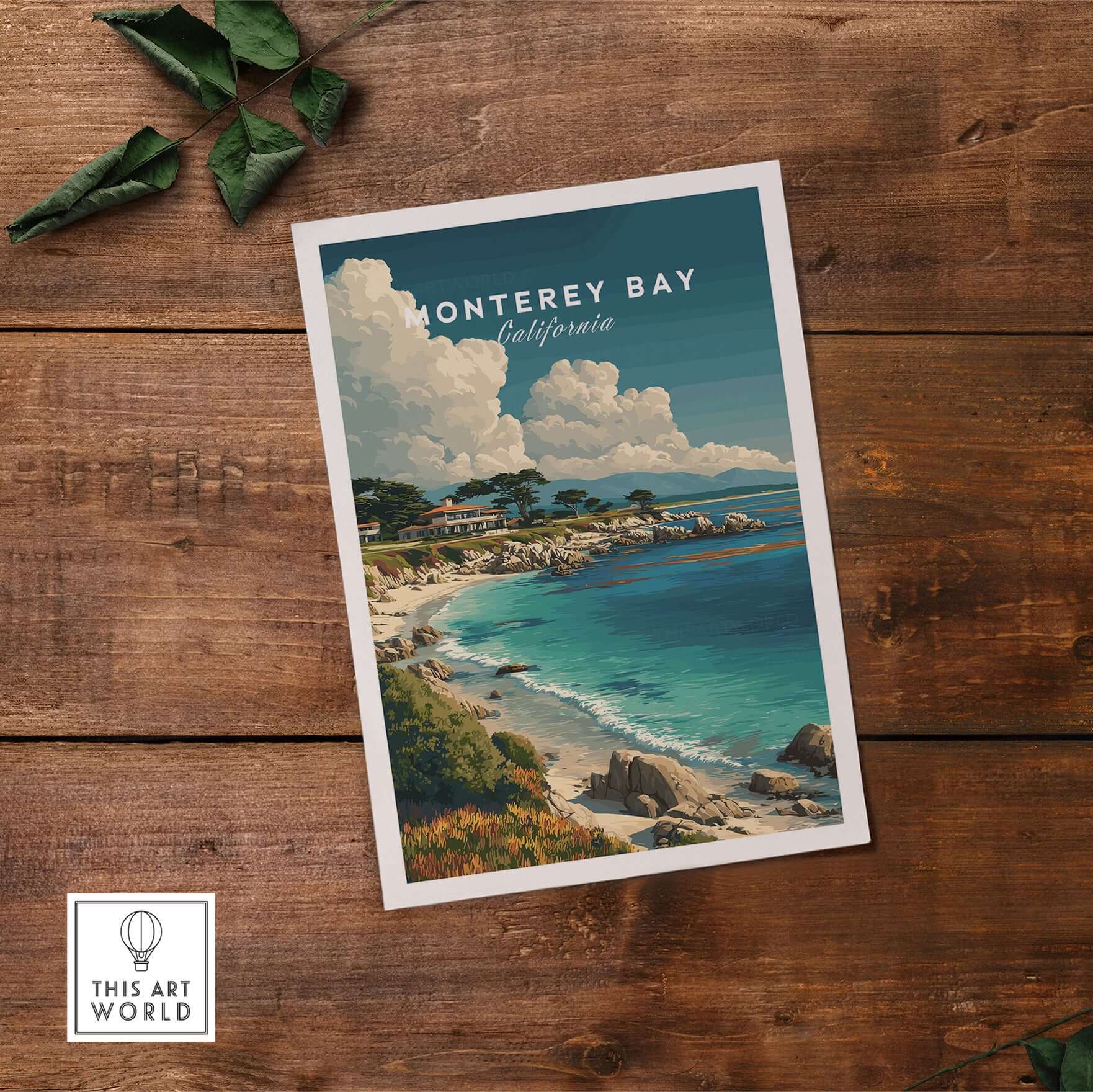 Monterey Bay California Coastal Beach Print - Pacific Ocean Wall Art showcased on wooden background.