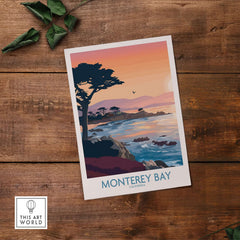 Monterey Bay California Sunset Coastline Poster - Cypress Tree Wall Art on wooden background