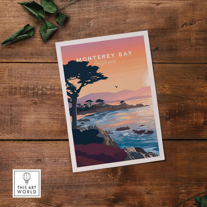 Monterey Bay California sunset poster featuring cypress trees and tranquil coastline on wooden surface.