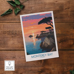 Monterey Bay Poster California Coastal Decor showcasing ocean views and sunset colors on a coastal landscape.