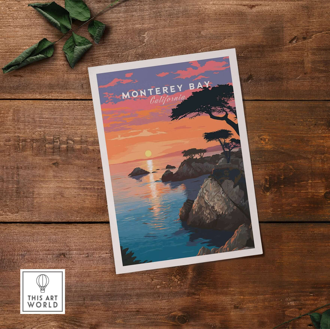 Monterey Bay wall art print showcasing serene California coastline at sunset with vibrant colors and scenic landscapes.