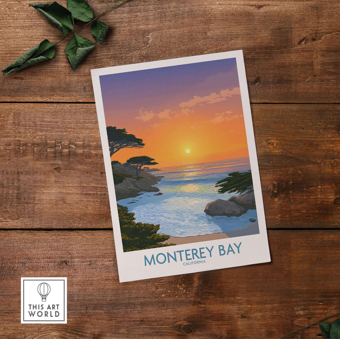 Monterey Bay California poster featuring a sunset over the ocean and coastal scenery, perfect for beach lovers.