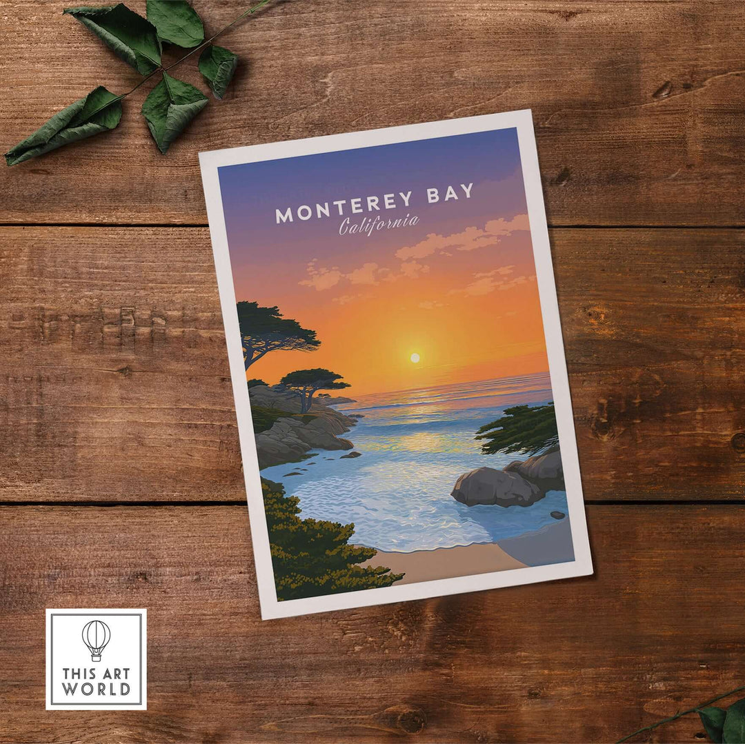 Monterey Bay California print featuring a stunning sunset over the ocean and coastline, perfect for wall art decor.