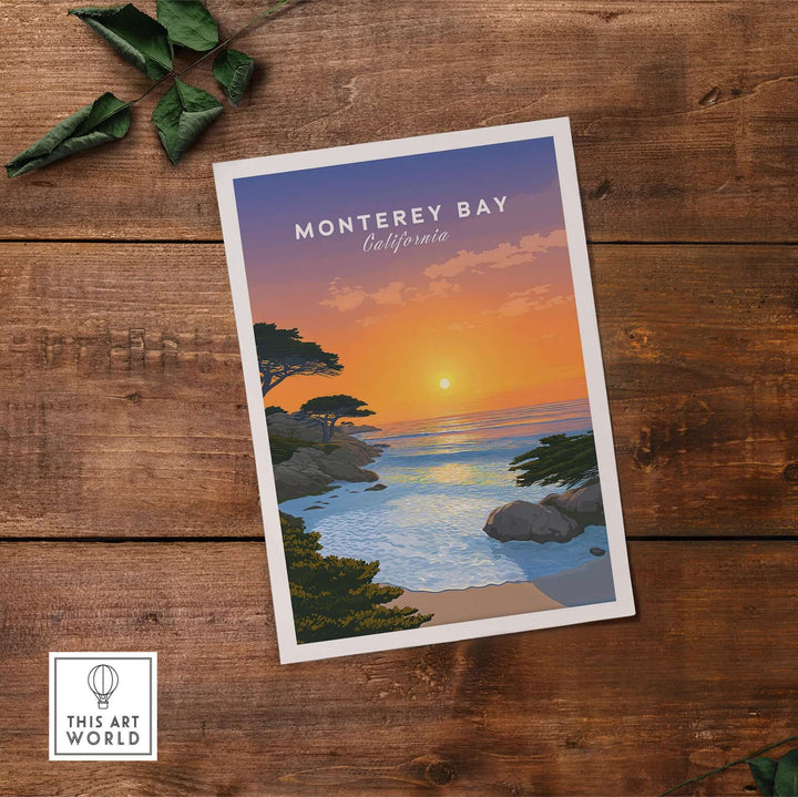 Monterey Bay California print featuring a stunning sunset over the ocean and coastline, perfect for wall art decor.