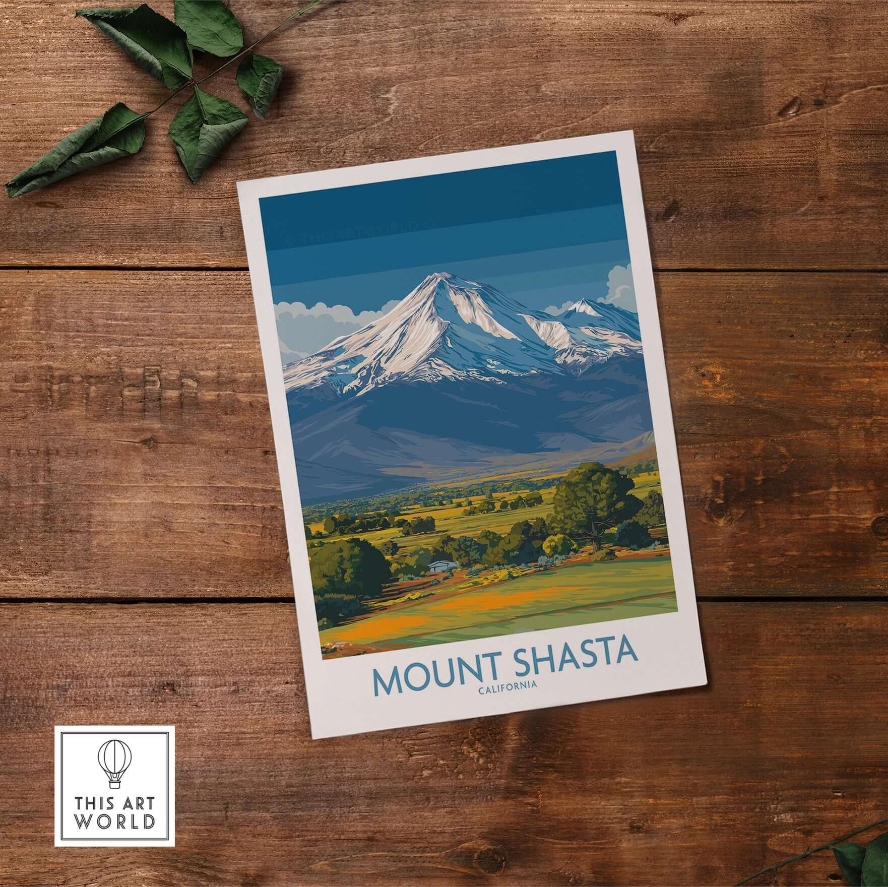 Mount Shasta California Poster featuring the majestic peak and vibrant landscape on a wooden table background.
