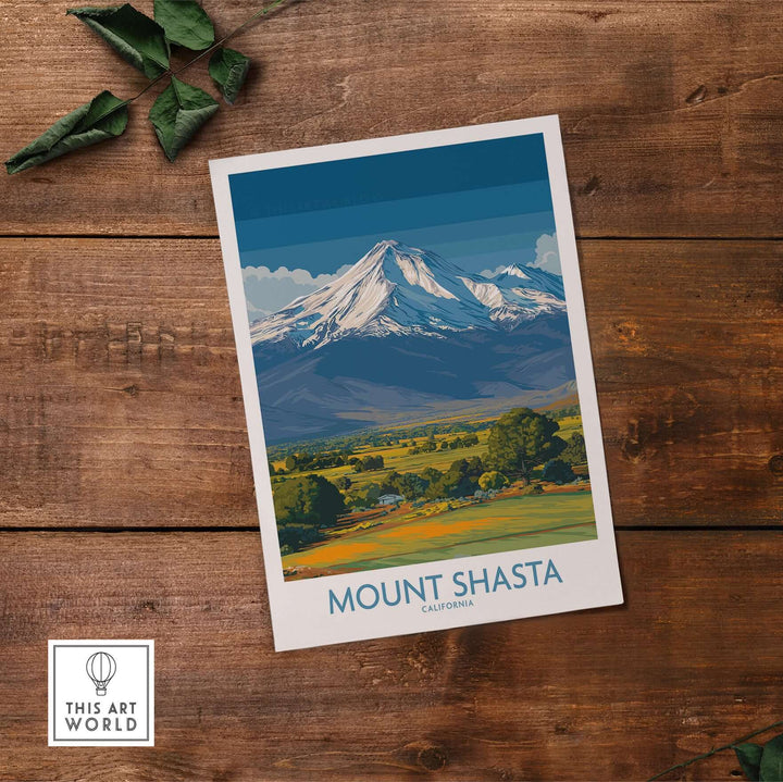 Mount Shasta California poster showcasing stunning mountain scenery and lush landscape.