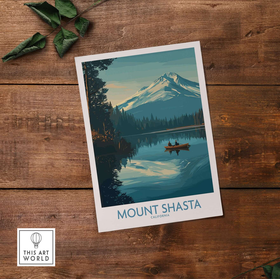 Mount Shasta nature poster featuring scenic peak and tranquil lake on wooden background, California art print.