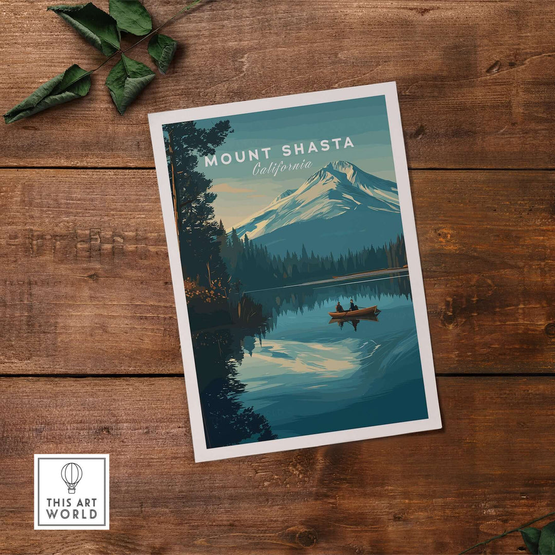 Mount Shasta California print showcasing serene mountain landscape with reflective lake and canoeing scene.