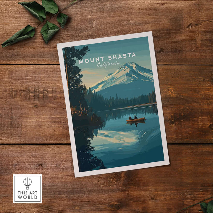 Mount Shasta California print showcasing serene mountain landscape with reflective lake and canoeing scene.