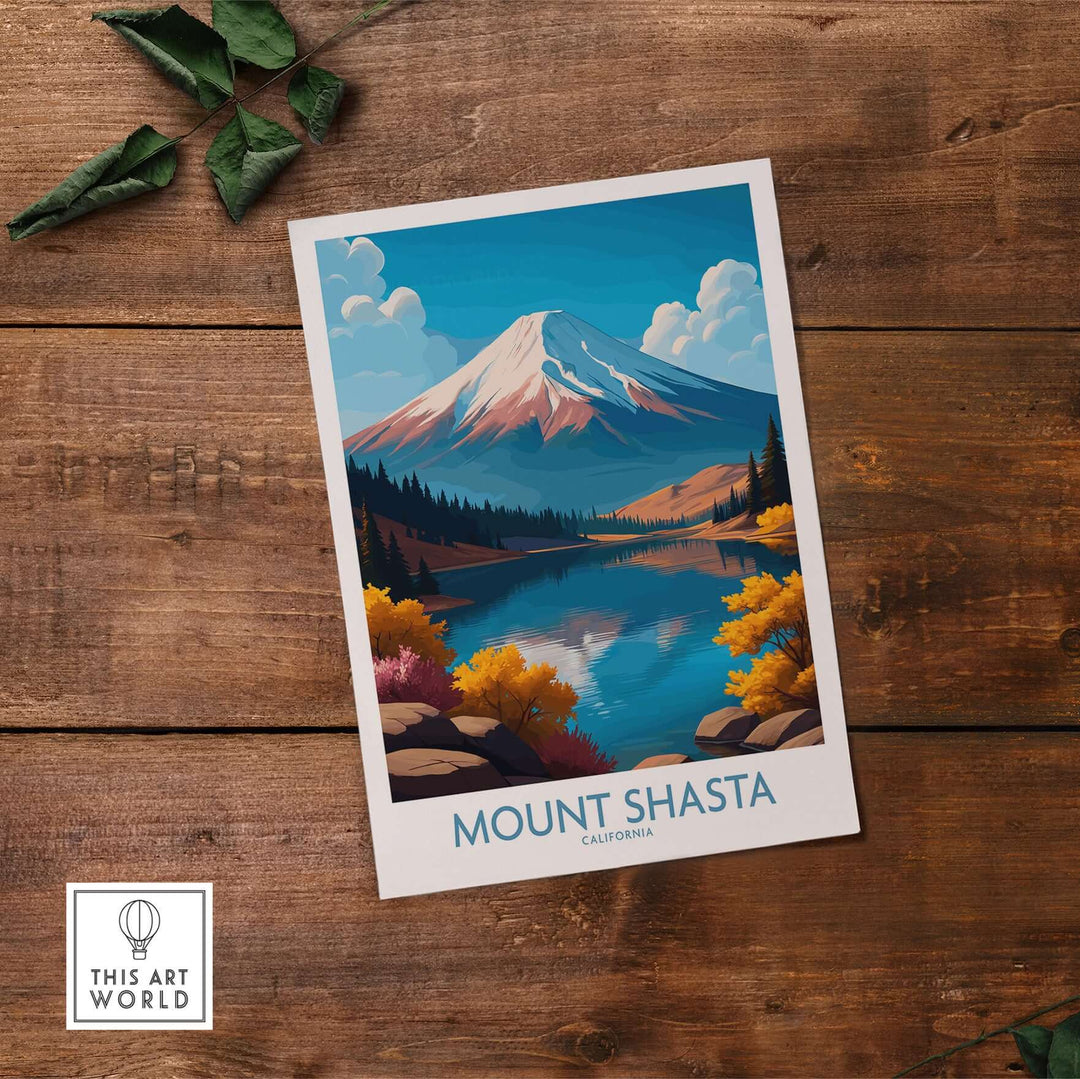 Mount Shasta wall art depicting a scenic view of the mountain surrounded by a tranquil lake and vibrant foliage.