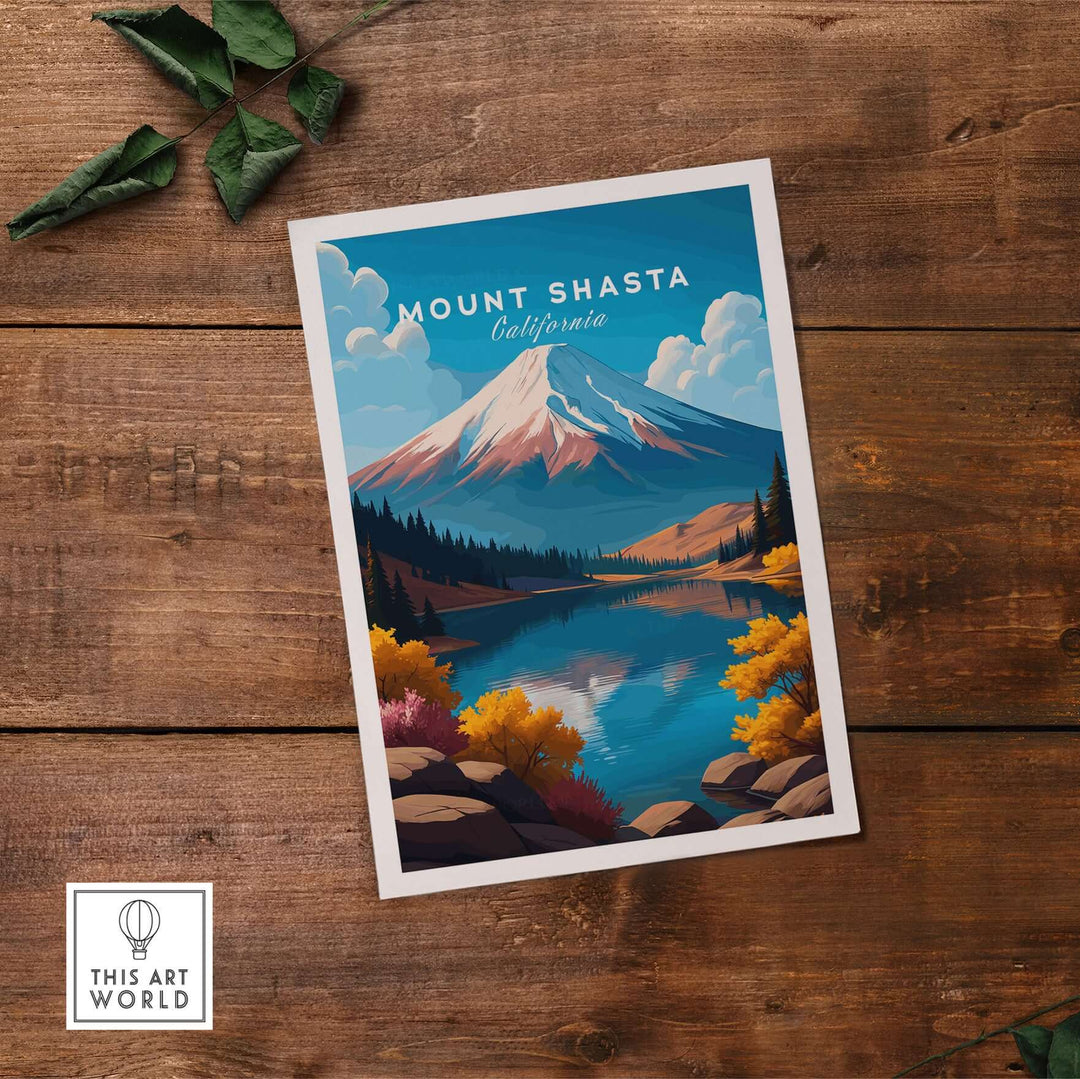 Mount Shasta wall art print featuring vibrant colors and scenic mountain reflection in water.