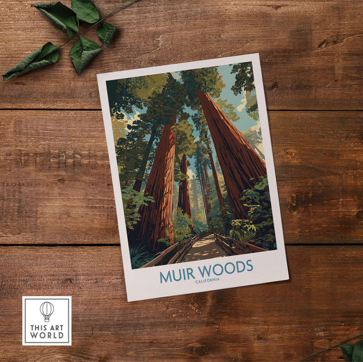 Muir Woods California National Monument poster featuring towering redwoods and serene forest landscapes.