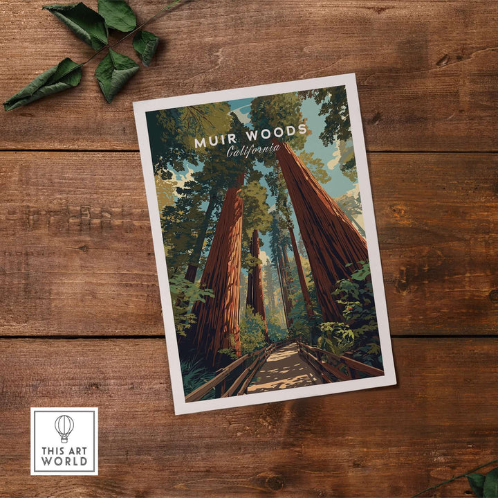 Muir Woods California Redwood Forest trail print featuring giant trees and serene paths, ideal wall art for nature lovers.