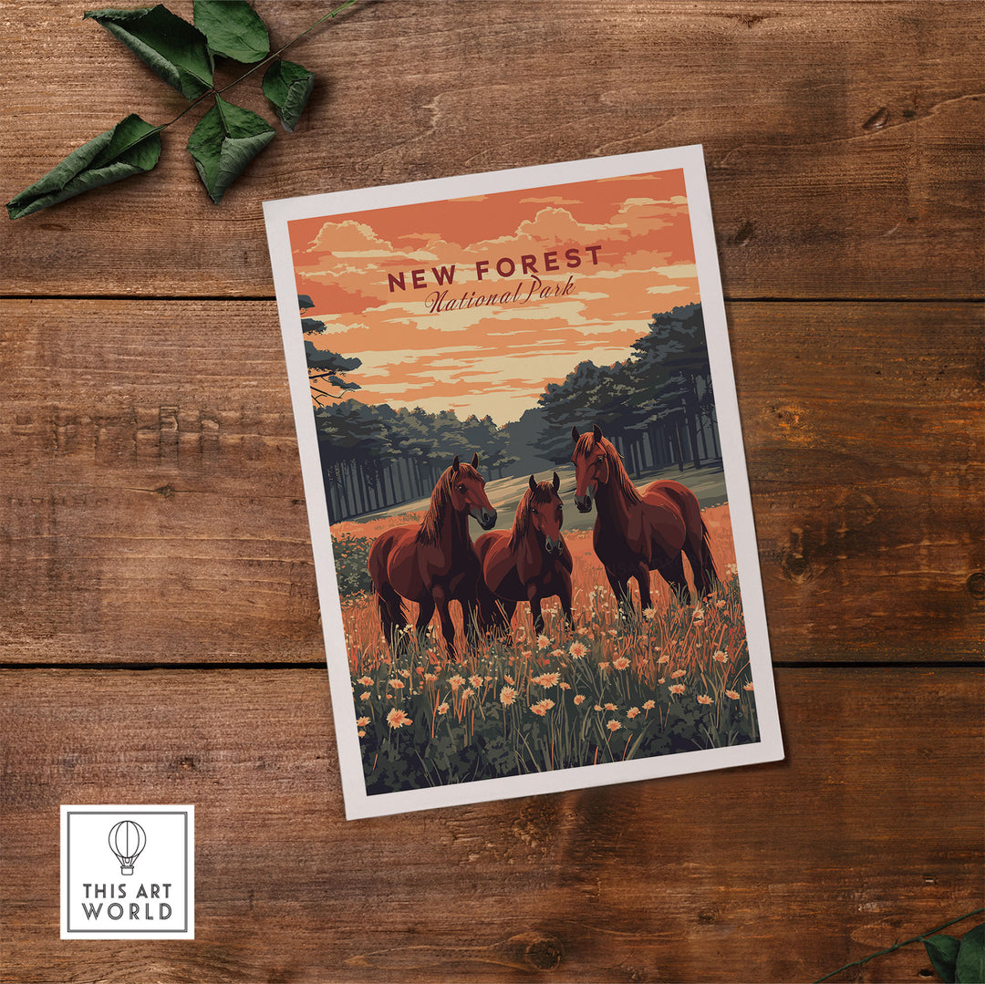 New Forest Print featuring horses in a meadow at sunset, capturing the essence of the UK National Park on wooden background.