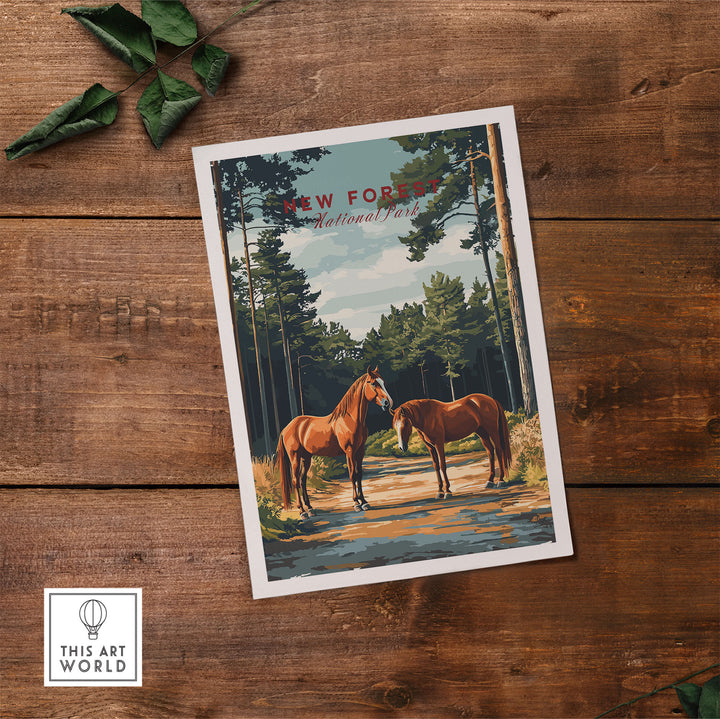 "New Forest Print featuring horses and forest landscape, UK National Park poster"