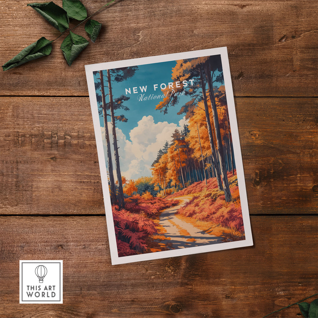 New Forest travel poster showcasing vibrant landscape on wooden background, perfect for UK wall art décor.