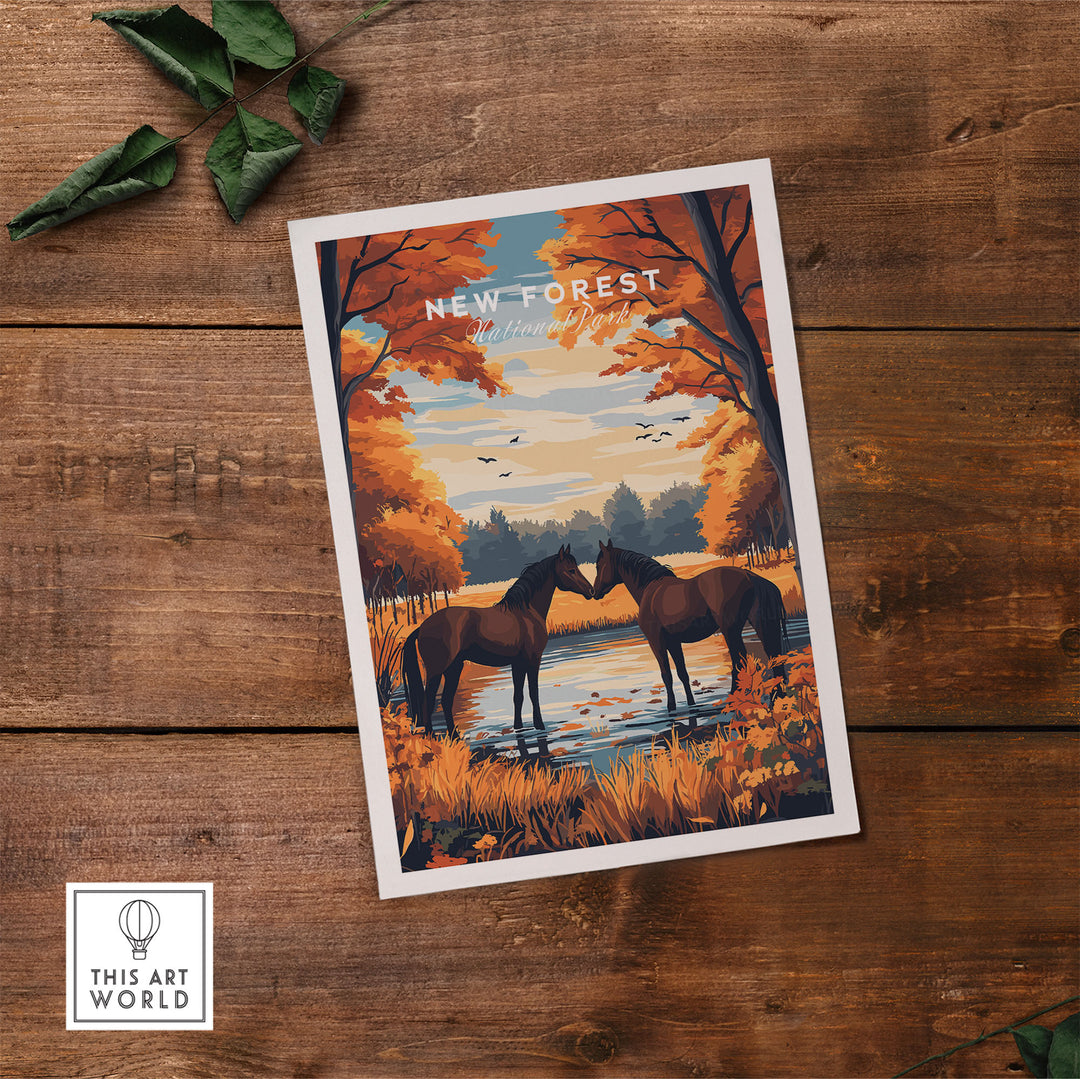 New Forest Wall Art Print featuring serene horses and autumn forest, perfect for nature-inspired home decor.