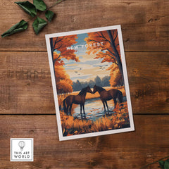 New Forest Wall Art Print featuring two horses near a serene lake with colorful autumn trees.