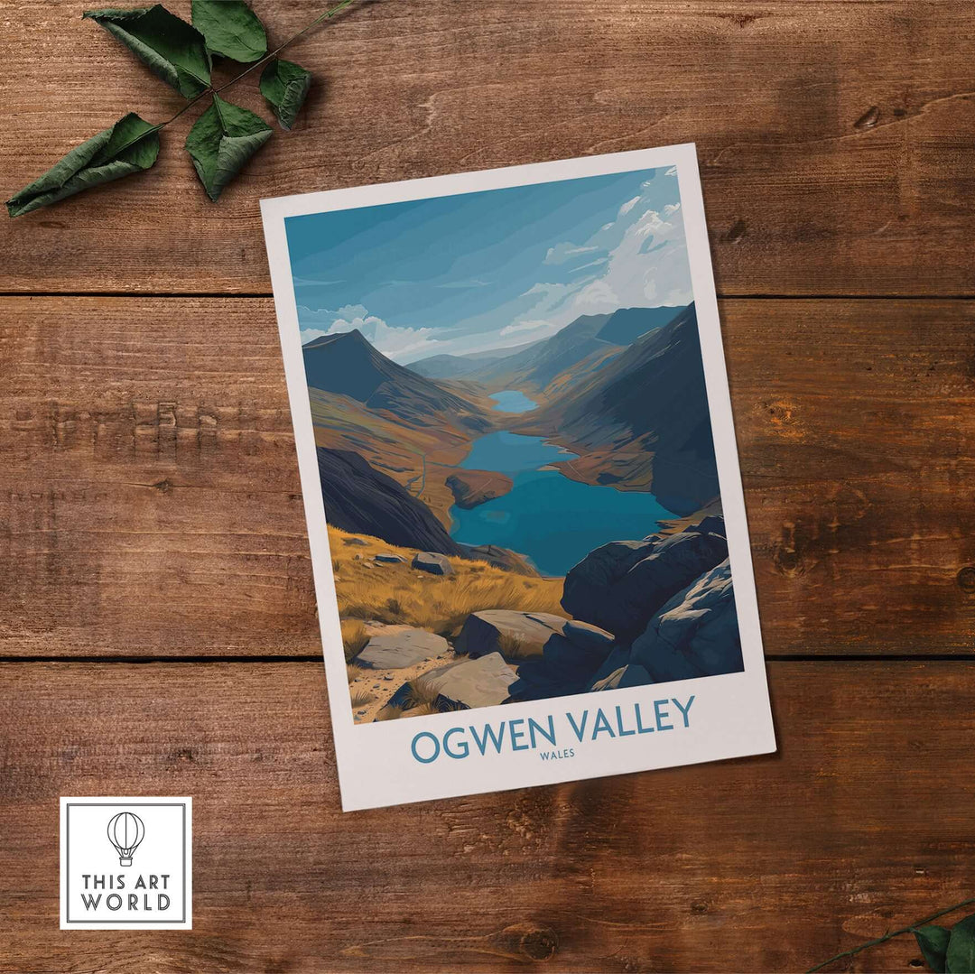 Ogwen Valley poster showcasing blue lakes and peaks, perfect for Welsh wilderness decor.