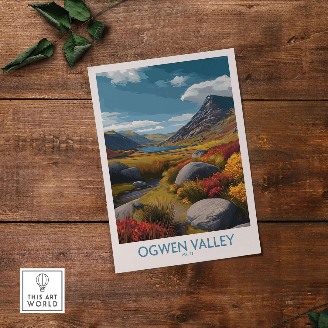 Ogwen Valley wall art depicting rocky landscape and colorful nature in Wales, ideal for travel decor.