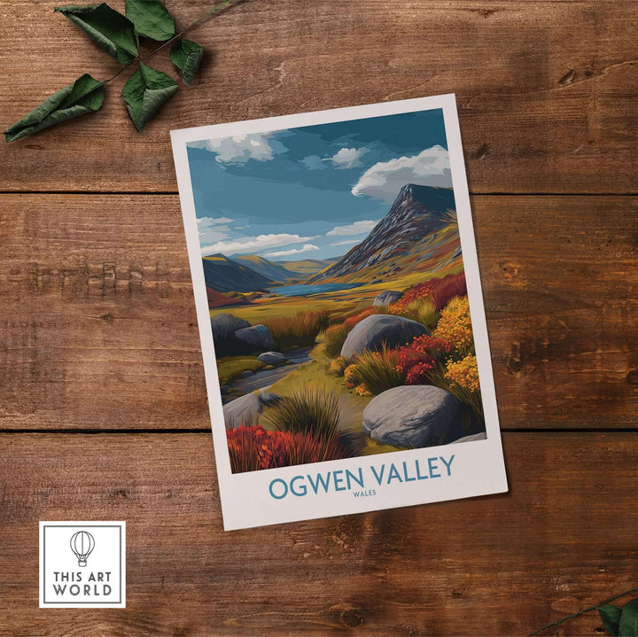 Ogwen Valley wall art depicting rocky landscape and colorful nature in Wales, ideal for travel decor.