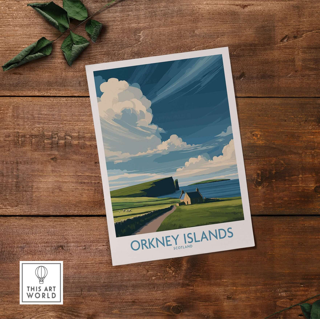 Orkney Islands wall art featuring a scenic landscape of Scotland with clouds and coastline.