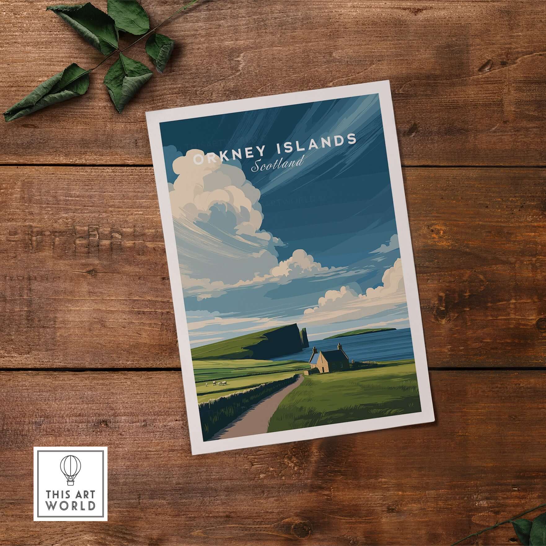 Orkney Islands Coastal Cottage Print - Green Hills Scotland Poster showcasing a scenic cottage and lush landscape.