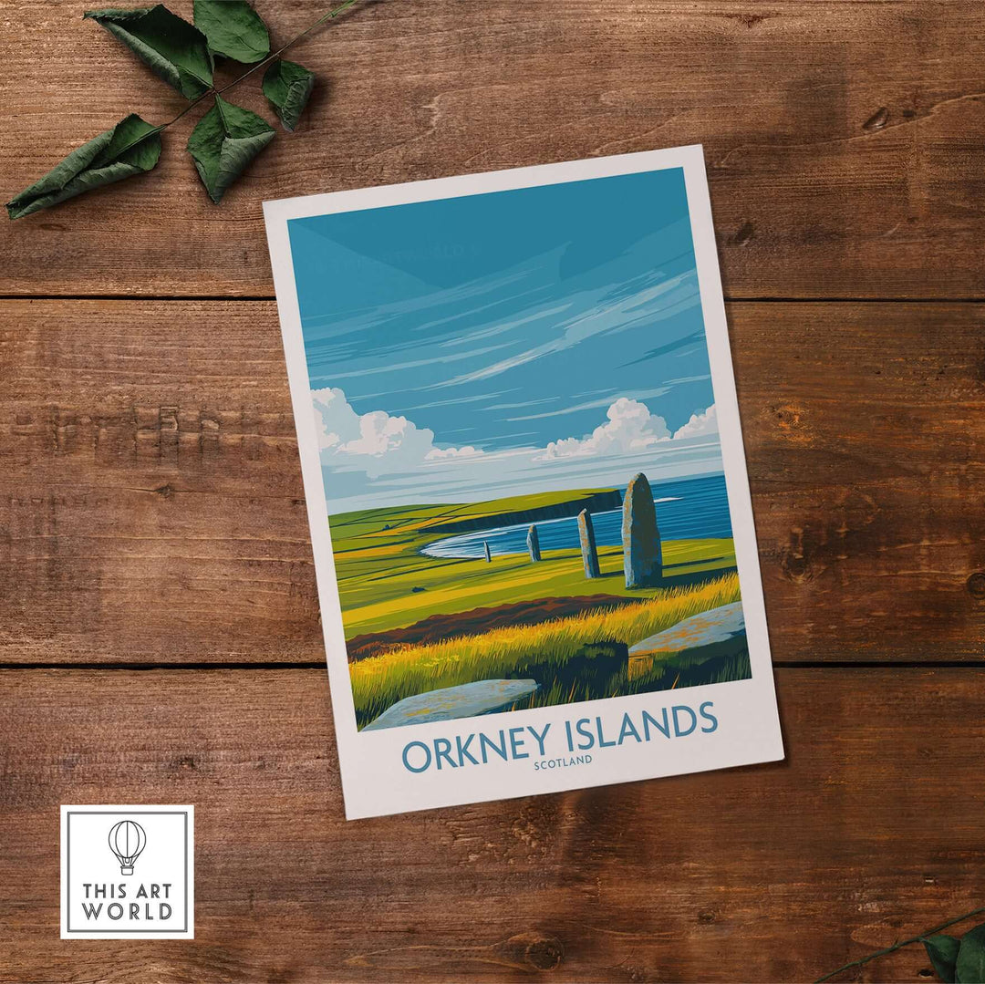 Orkney Islands Scotland prehistoric stones poster on wooden table, vibrant scenery for Scottish travel decor.