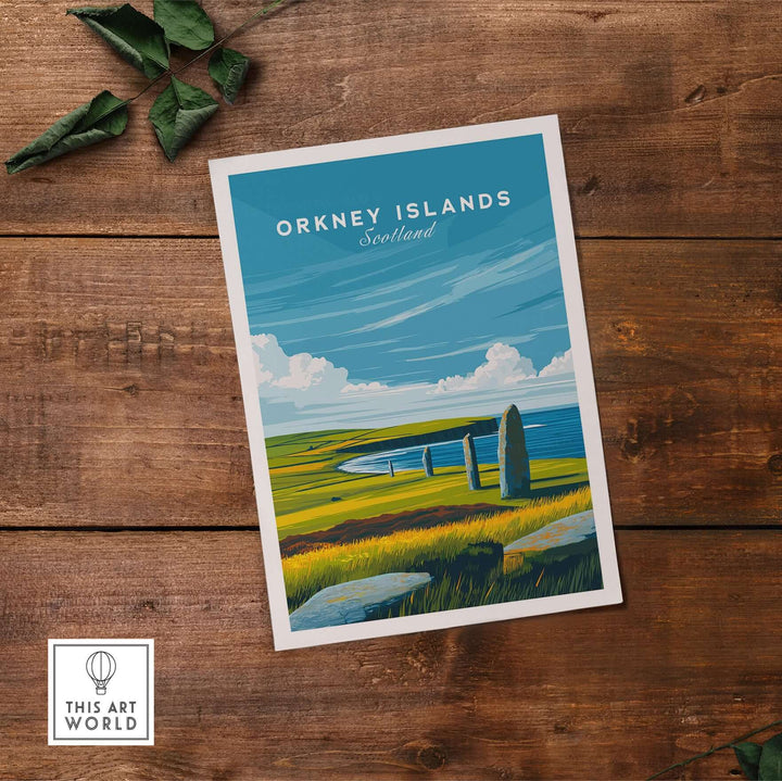 Orkney Islands Standing Stones print featuring prehistoric stones and vibrant landscape, perfect for wall art enthusiasts.